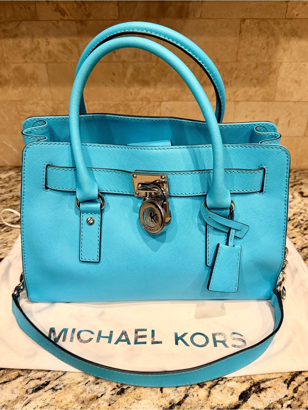 Michael Kors Hamilton Turquoise Saffiano Leather Handbag with Lock Charm